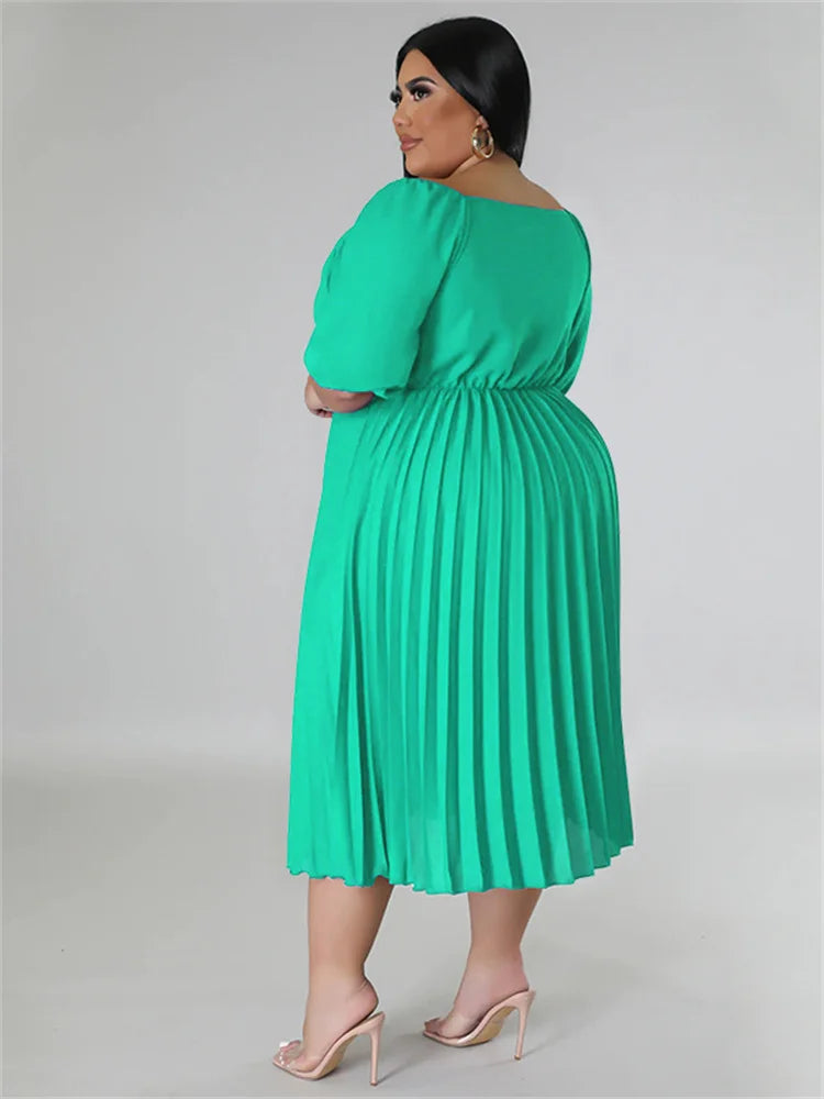 Maxy Plus Size Women Clothing Dresses for Women New In Summer Solid V Neck Maxy Dress Fashion Pleated dtress