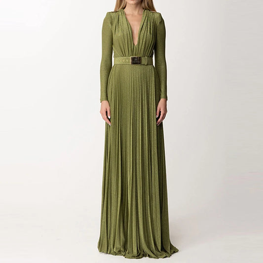 Maxy Women Fashion High Waist Slim Solid Long Dress Elegant Long Sleeve Party Dress Sexy Deep V-neck Draped Solid Evening Dress