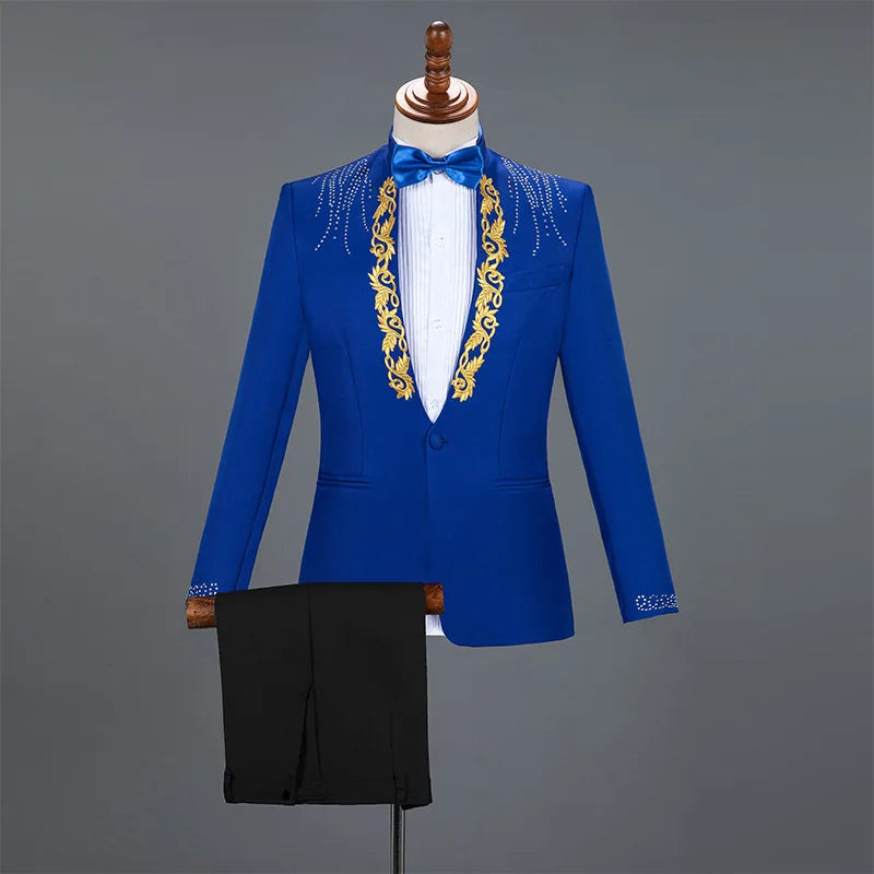 Amay Royal Blue Sequin Embroidery Suit Men Wedding Groom Tuxedo Suits Pants Mens One Button Peak Lapel Stage Costume Traje Hombre 2XL