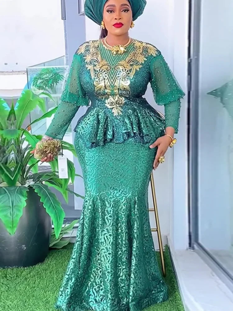 Maxy Plus Size African Party Dresses For Women New Fashion Dashiki Ankara Sequin Wedding Gowns Elegant Turkey Muslim Maxy Dress