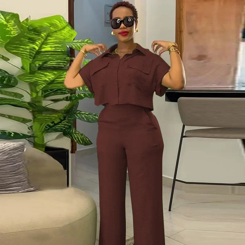 Maxy Fashion Vintage Women's Set Short Sleeve Shirt and Wide Leg Pants Spring Street Two 2 Piece Sets Outfit Tracksuit
