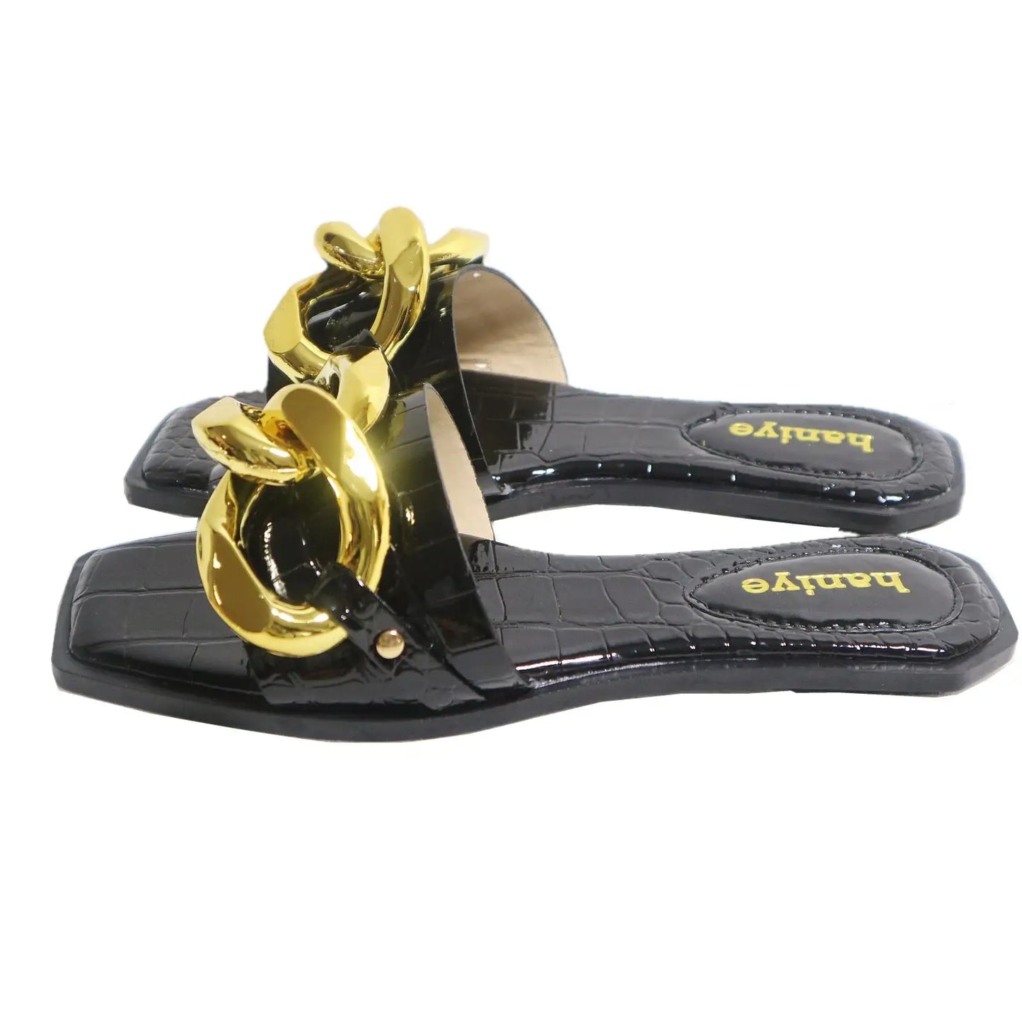 Maxy Big Metal Chain Decoration PU Handbags Matching Square Toe Flats Slippers Stone Pattern Shoes And Bag Set