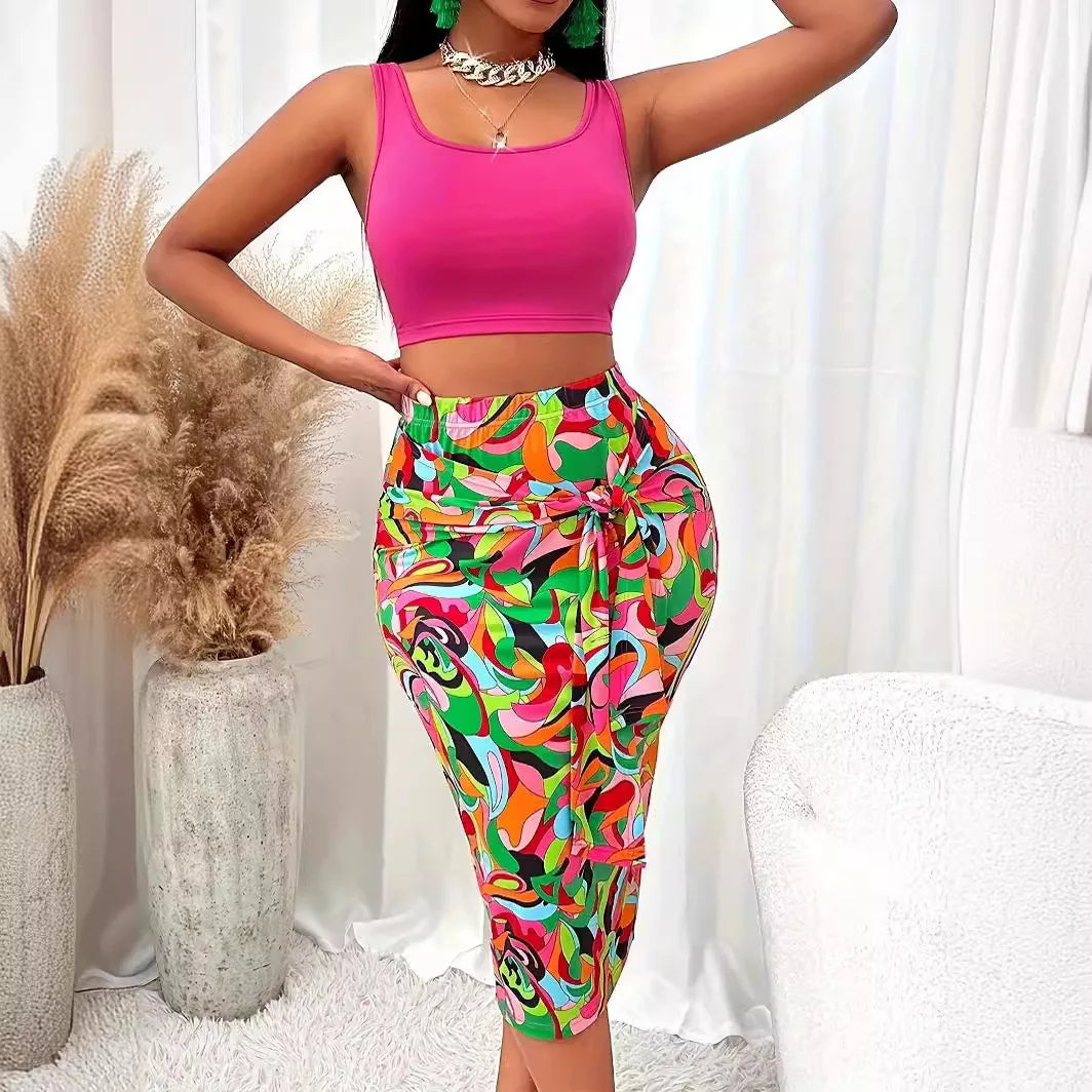 Macy Half Skirt Women's Set Summer New Sling Tank Top Printed Belt and Y2k Short Skirt Two-piece Suit for Female Streetwear