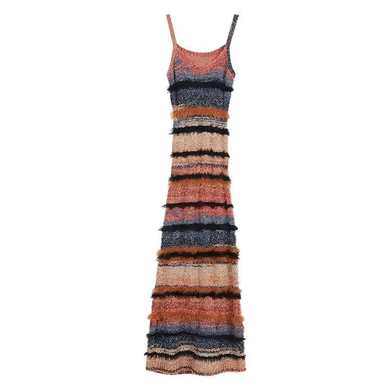 Maxy Striped Knitted Two-Piece Sets Women Korean Style Sexy Long Sleeve Cardigan Autumn Winter Sweater Sling Dress Y2k Suits
