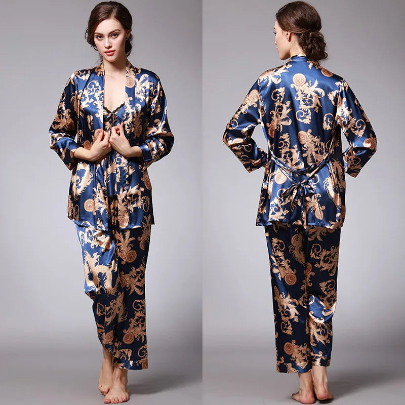 Amay Women's Silk Satin Pajamas Set 3 Pcs Floral Silky Pj Sets Sleepwear Cami Nightwear with Robe and Pant