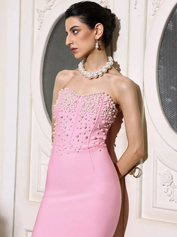 Women Pink Party Macy Mermaid Dress Elegant Strapless Pearl Beading Long Celebrity Evening Gowns Ladies High Fashion Gala Dress