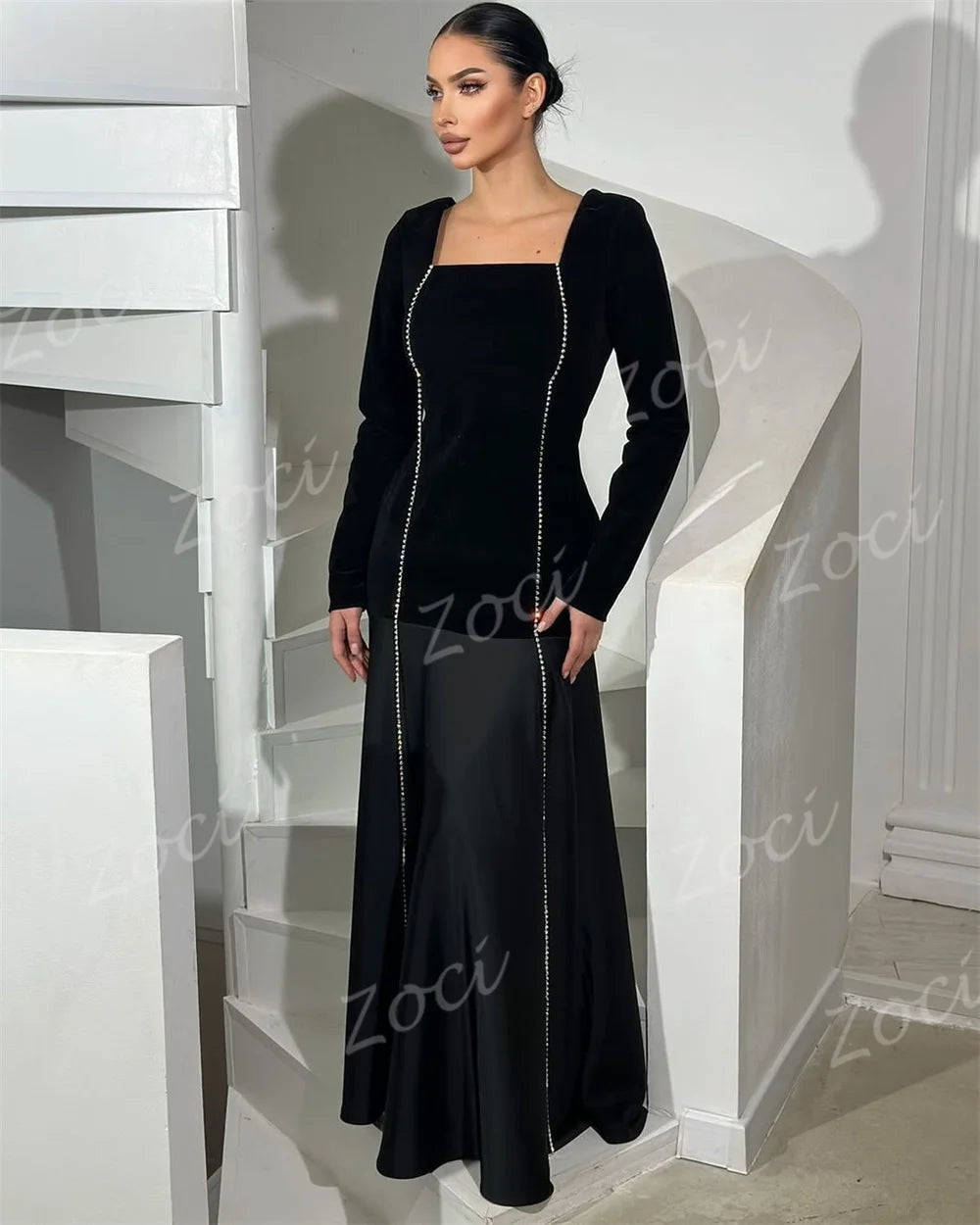 Maxy Square Neck Black Prom Dresses A Line Satin Beading Long Sleeve Evening Gown Saudi Customized Formal Party Occasion Dress