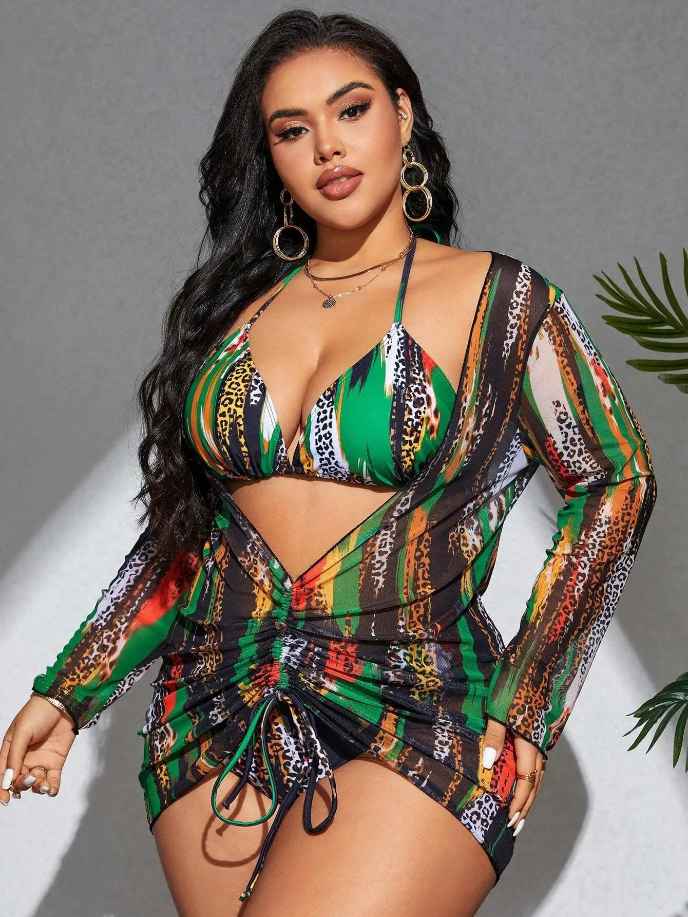 Maxy Vibrant Leopard and Color block 3-Piece Plus Size Tankini Set For Beach Summer Festival Wear