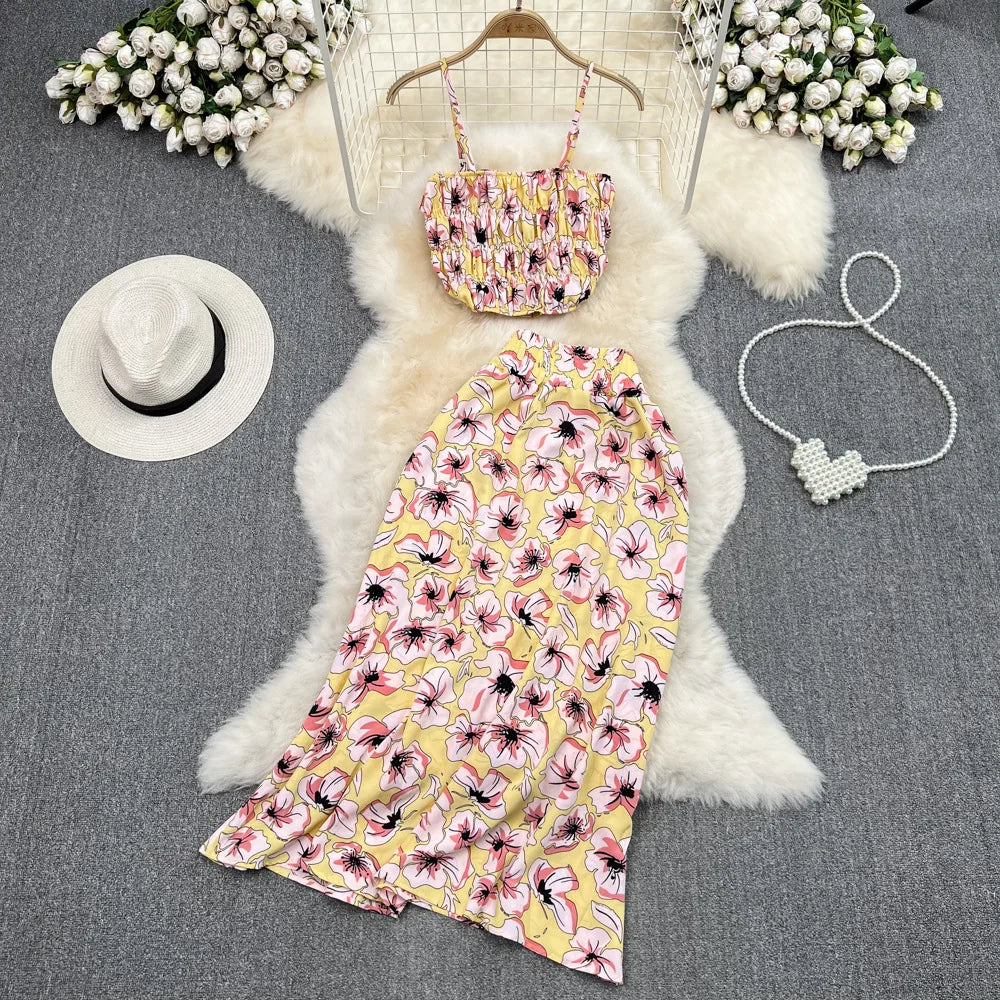Maxy Summer Floral Print Two Pieces Set Women Fashion Elegant Casual Fold Sleeveless Tops And Long Skirt Sexy Slim 2 Piece Sets