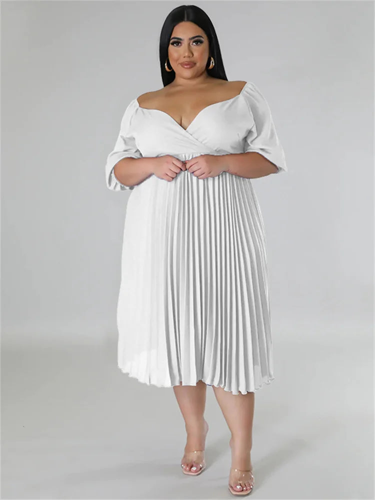 Maxy Plus Size Women Clothing Dresses for Women New In Summer Solid V Neck Maxy Dress Fashion Pleated dtress