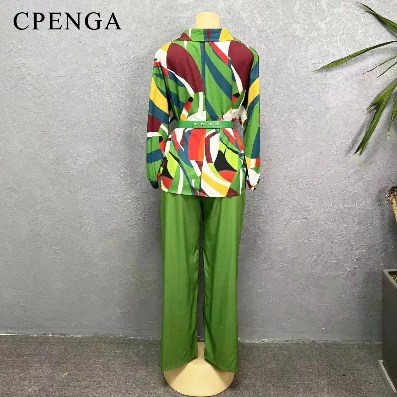 Maxy 2 Piece Matching Sets Clothes for Women Elegant Long Sleeve V-neck Print Top Pant Suits Plus Size Casual Outfits