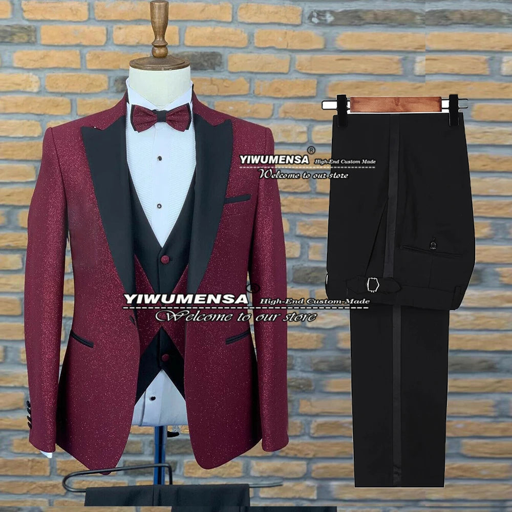 Maxy Spring/Autumn Suits Men Slim Fit Glitter Jacket+Vest+Pants 3 Pieces Formal Bridegrooms Wedding Tuxedo Costume Homme Blazers.