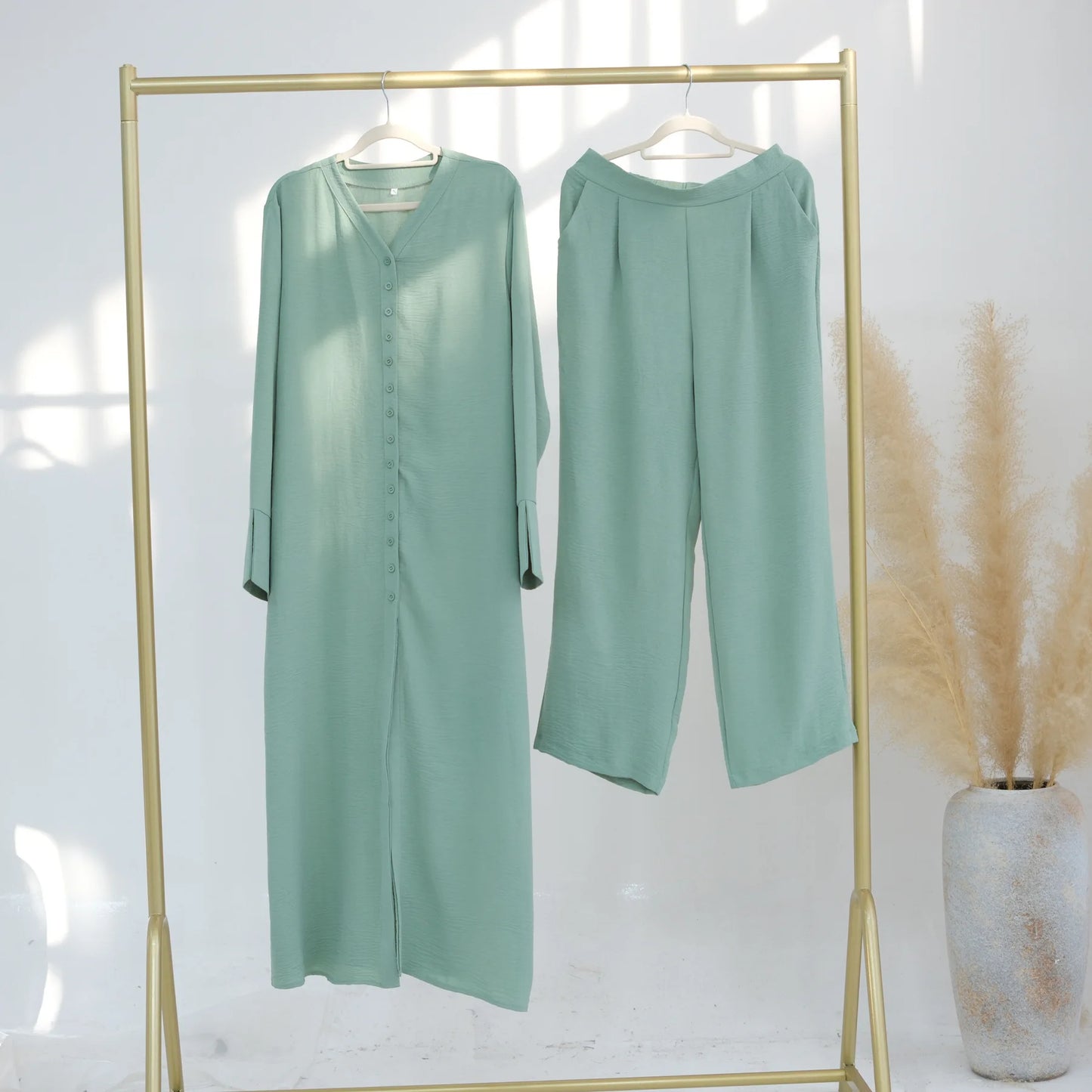 Maxy 2PCS Muslim Women Button Long Sleeve Tops Dress Pants Set Dubai Abaya Turkey Kaftan Arabic Outfits Eid Ramadan Islam Clothing