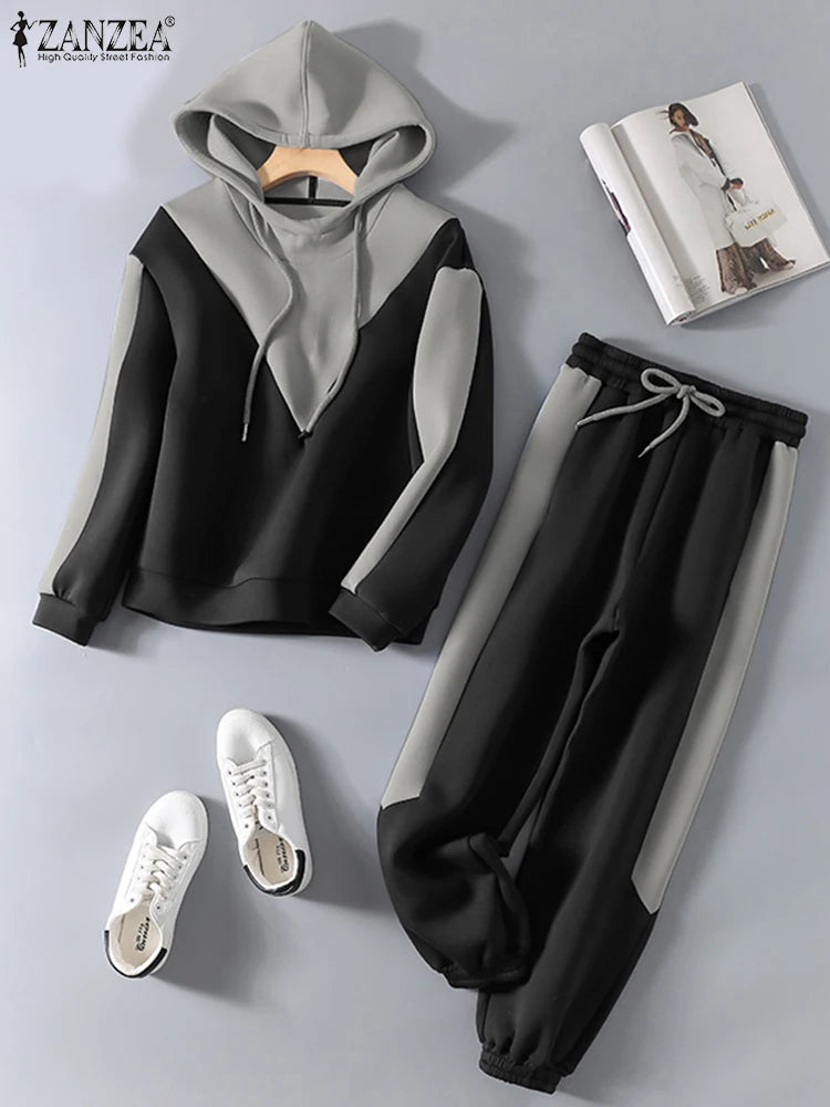 Amay Women Two Piece Sets Casual Colorblock Long Sleeve Autumn Tracksuit Chic Drawstring Hoodie Pants Set Sporty Outfits