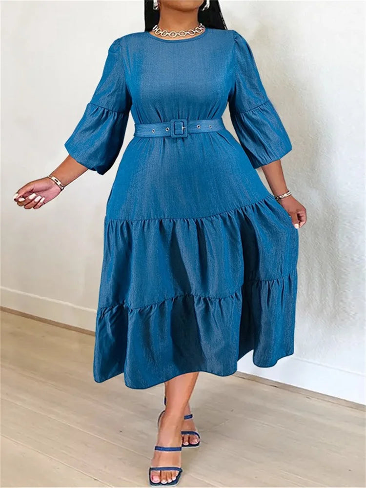 Maxy Plus Size Denim Dresses for Women Solid Long Sleeve Fashion Elegant New Maxy Dress with Bandage