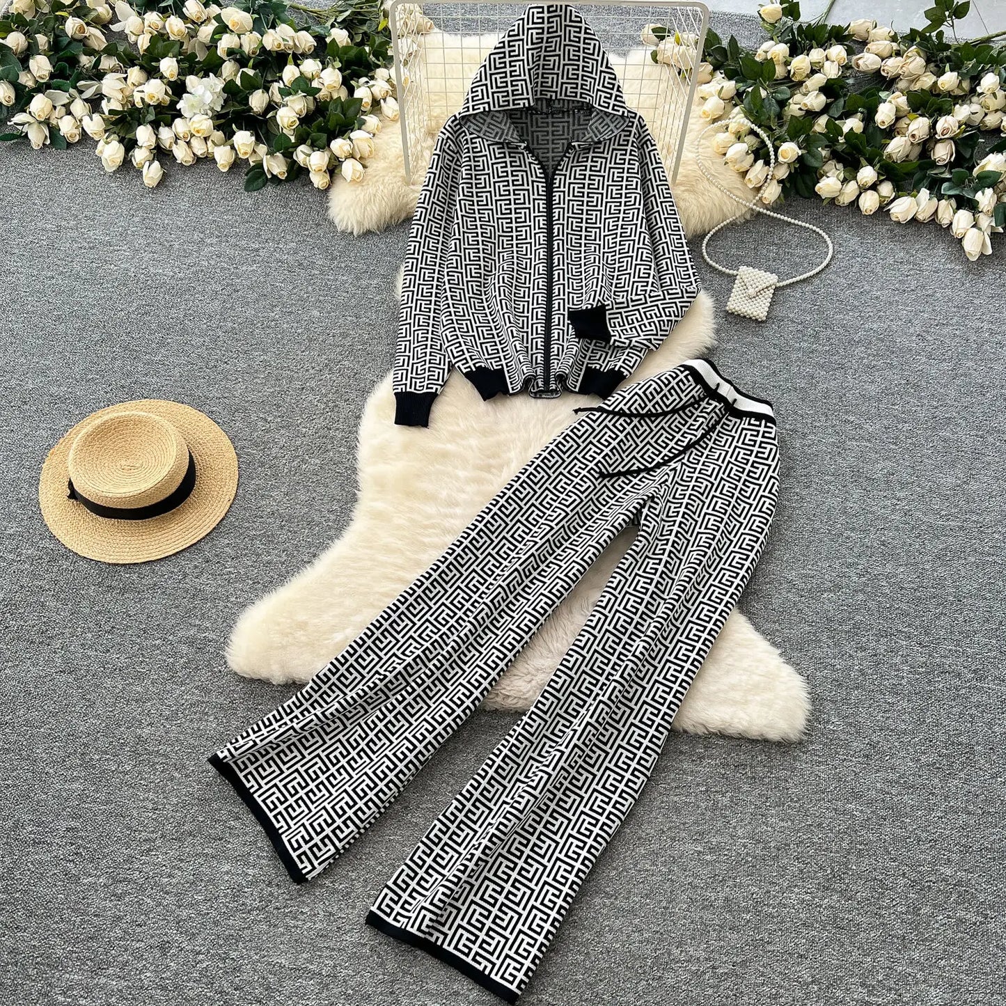 Maxy 2 Piece Sets Women Outfit Autumer Winter Tracksuit Knit Cardign Hooded Wide Leg Pant Sets New Two Piece Casual Loose Suit Office