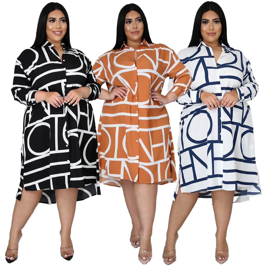 Maxy L-5XL dress A Dresses for Women Summer Geometric Print Long Sleeve Shirt Dress African Clothes Robe Femme