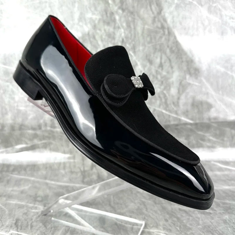 Visa High Quality Bowtie Dress Loafers Black Patent Leather Shoes For Man Fashion Rhinestone Shoes Men's Party And Wedding Shoes