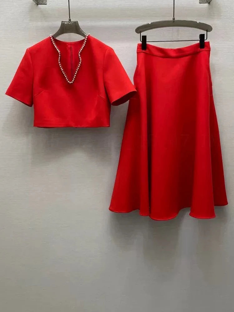 Maxy  Temperament spring new nail drill V-neck short-sleeved blouse+high waist A-shaped skirt elegant female two-piece suit