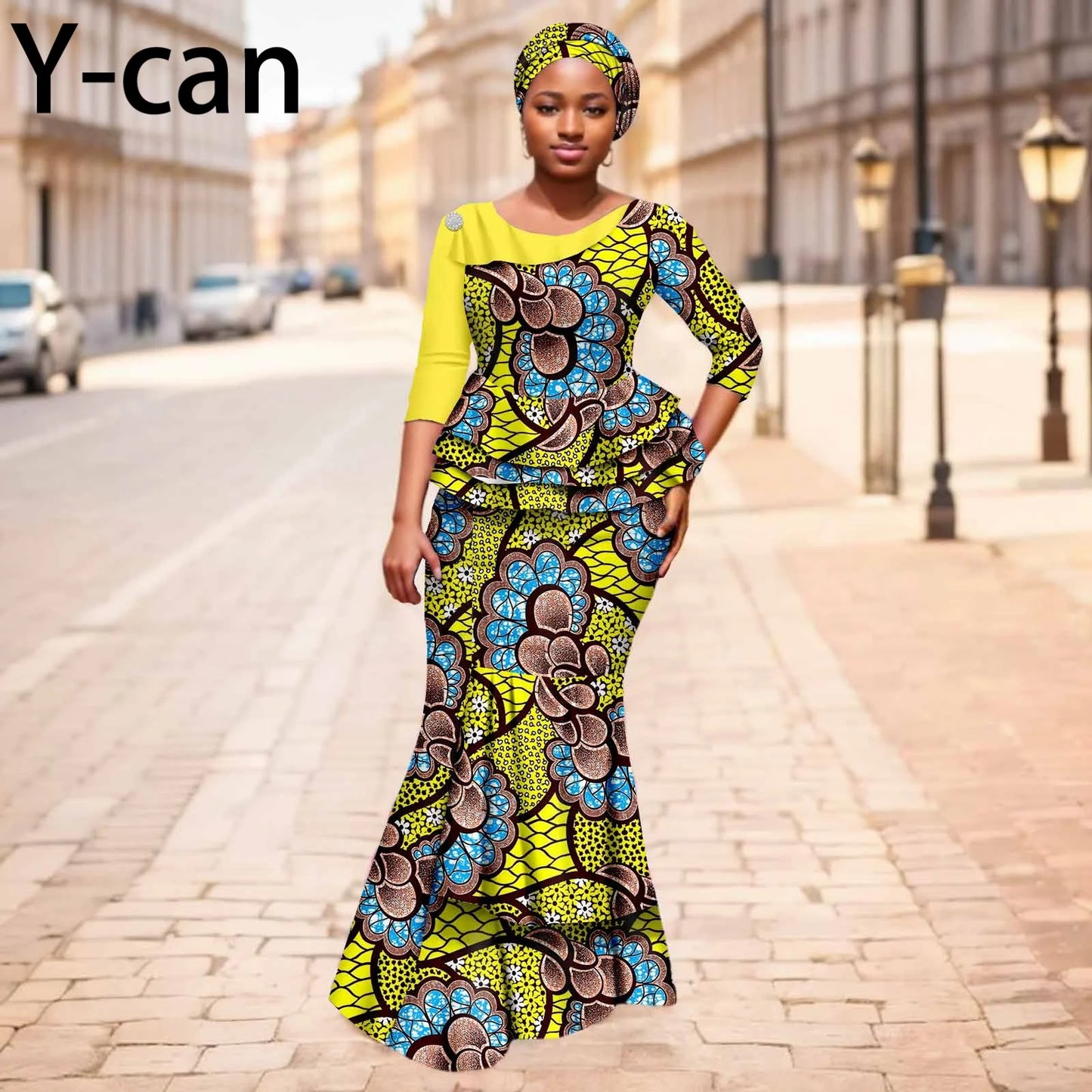 Maxy New African Dresses for Women Dashiki Print Patchwork Top and Mermaid Skirt Match Turban Traditional Wedding Party Dress 2526004