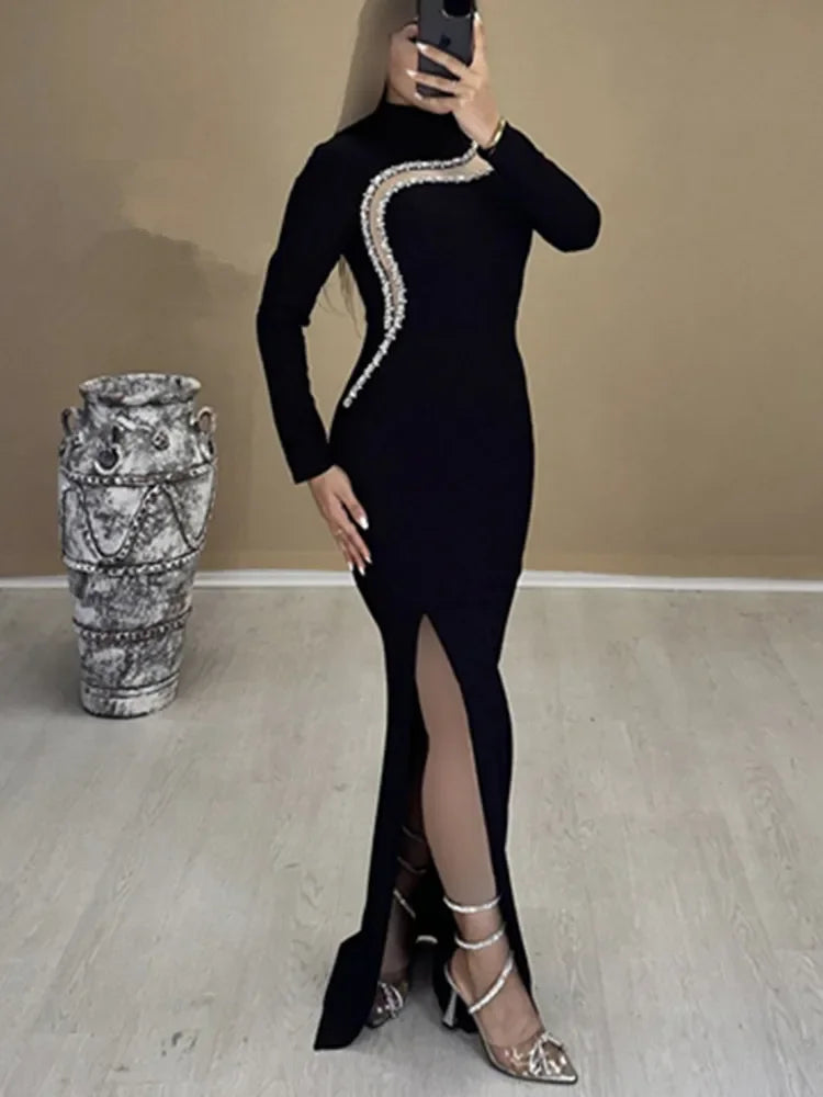 Maxy Women Winter Autumn Evening Party Dress Long Sleeve Turtleneck Tulle Insert Diamonds Embroidery Split Long Celebrity Gowns