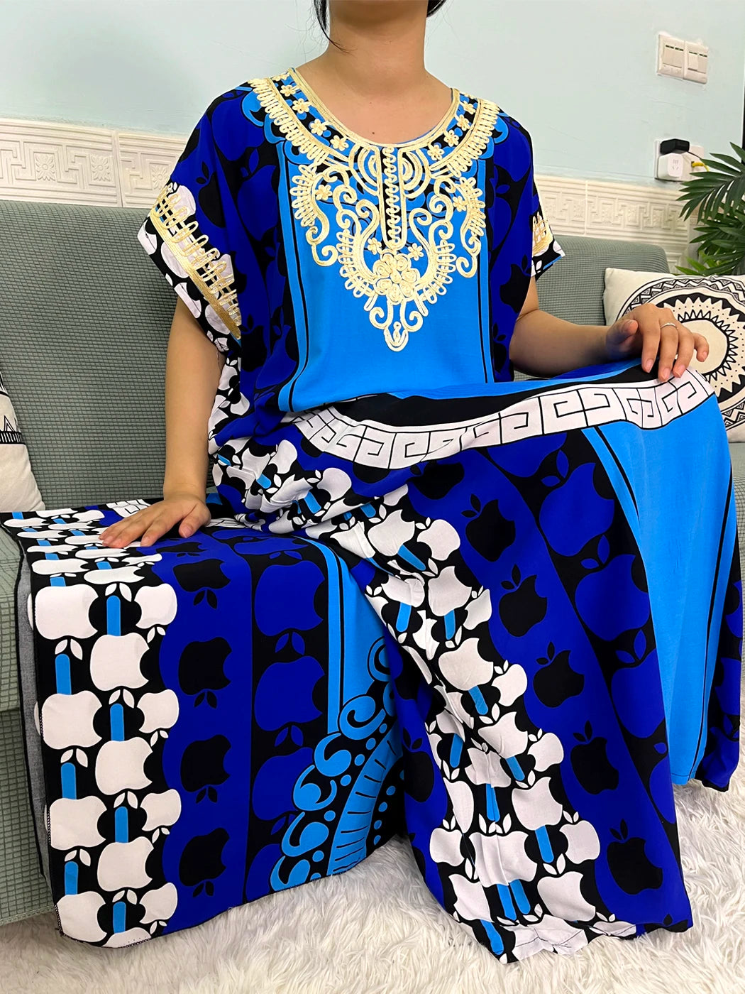 Maxy Muslim Cotton Abayas For Women Appliques Printed Caftan Marocaine Femme Robe Boubou African Islam Dresses With Headscarf