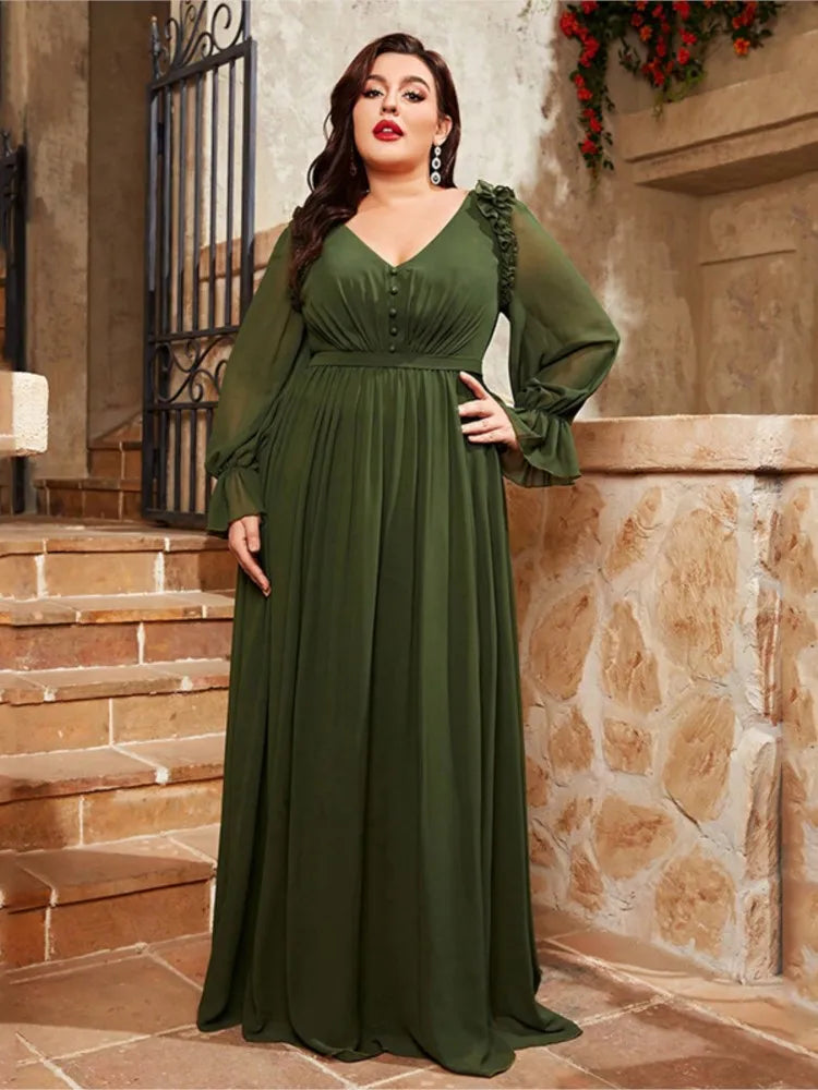 Maxy Plus Size Autumn V-Neck Long Dress Women Ruffle Pleated Fashion Loose Ladies Dresses Long Sleeve See Through Woman Dress