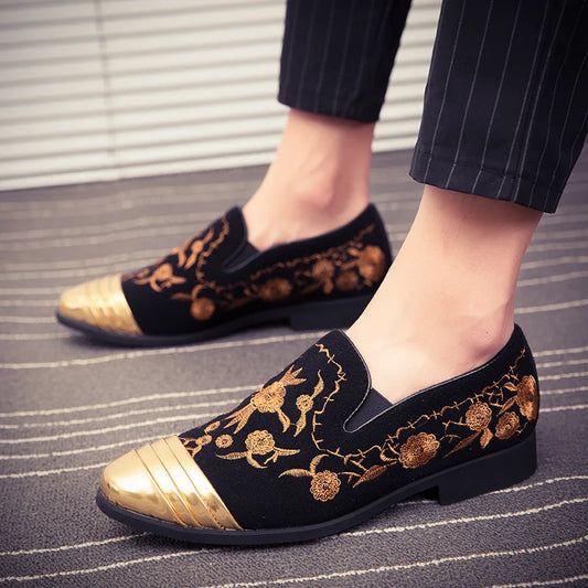 Amay New Fashion Gold Top and Metal Toe Men Velvet Dress shoes italian mens dress shoes Handmade Loafers Party Flats Zapatos