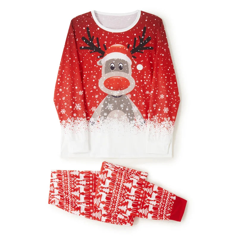 Matching Family Christmas Pajamas, Long Sleeve Deer Snowflake Print Pullover + Pants Set