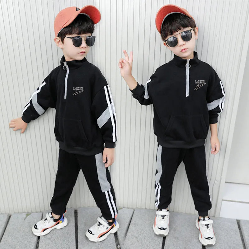 Maxy Children Boy Lapel Clothes Set Zip Stripe Sweatshirts Top and Pants 2pcs Suit Kid Girls Fashion Patckwork Tracksuits