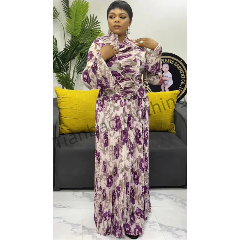 Maxy Autumn and Winter Fold Wholesale New Printing Set Dense Edge Splicing Horn Sleeve Loose Women's Two-piece Sets Clothing