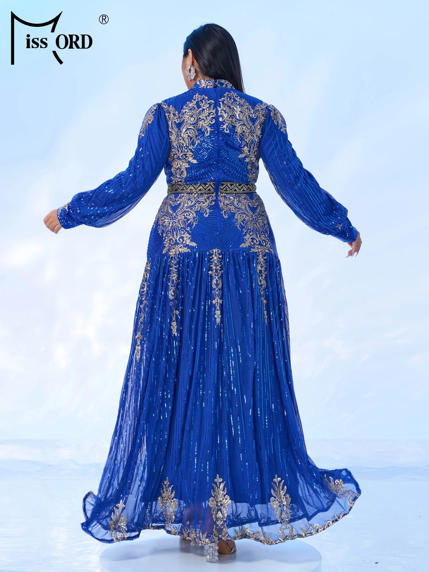 Momsey New Blue Plus Size Muslim Round Neck Long Sleeved A Line Gown Evening Women Wedding Birthday Party Large Maxy Dress