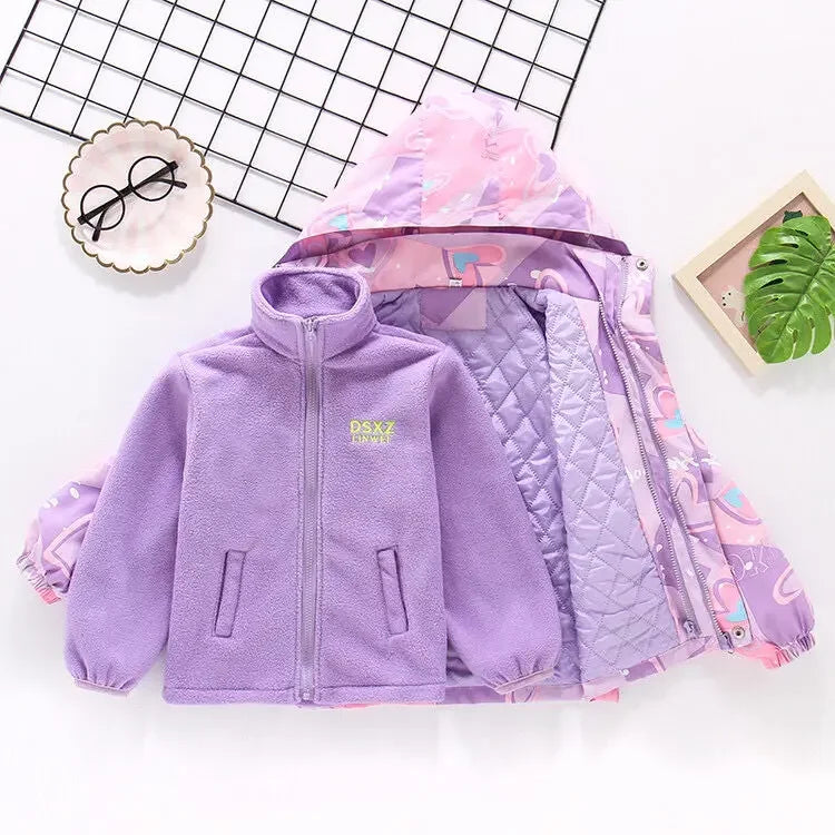 Waterproof Hooded Coat Kids Cartoon Girls Lovely Warm Rmovable Fleece Lined Jacket Cotton Padded Cothes Children Outfit XMP95