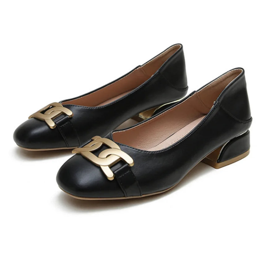 Amay New Women Med Heel Square Toe Pumps Office Lady Shoes Big Gold Metal Chain Soft Soles Slip on Leahter Shoes