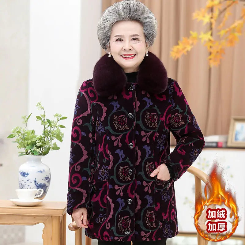 Maxy 5XL Coat Elderly Women Clothing Winter Add Velvet Warm Jacket Female Grandmother Outfit Overcoat Parkas Coat Outerwear W11