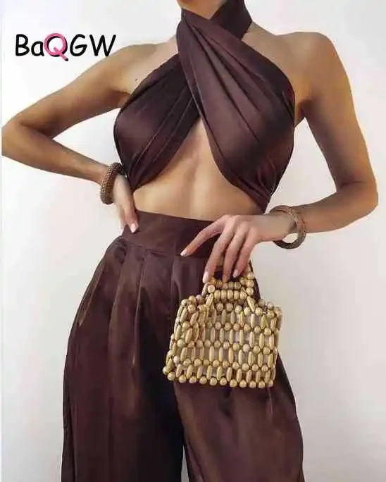 Maxy Sexy Satin Women Two Piece Set Summer Halter Tank Top and High Waist Wide Leg Pants Matching Sets Vintage Party Club Outfits