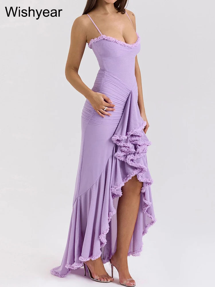 Maxy Women Sexy Spaghetti Strap Ruffle Irregular Bodycon Long Dress Elegant Boho Beach Party Evening Prom Birthday