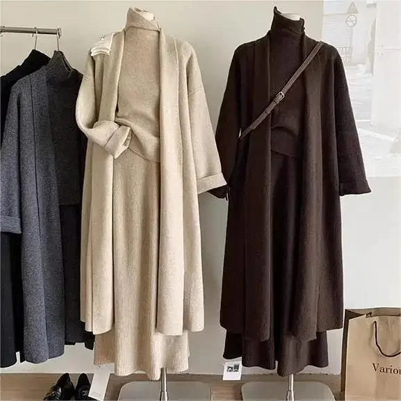 Three Piece Sets Women Long Sweater Vest 2025 Jumper Dress Kintted Spring Autumn Winter Crochet Cardigan Y2k High Waist Skirt
