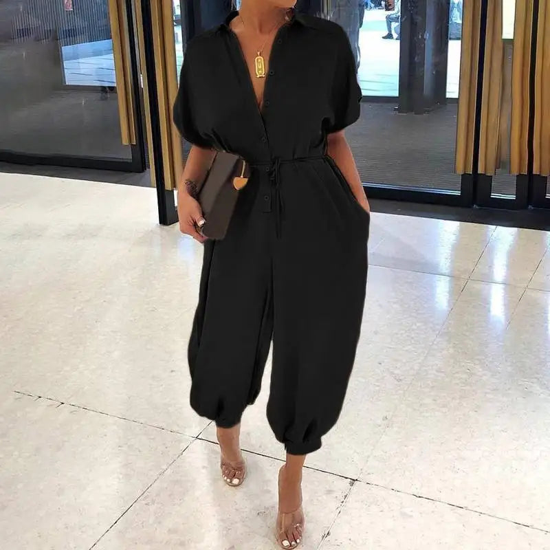 Amay Summer Fashion V-Neck Button Lace-Up Jumpsuit Short Sleeve Loose Playsuit Overalls Women Elegant Leopard Print Pocket Rompers