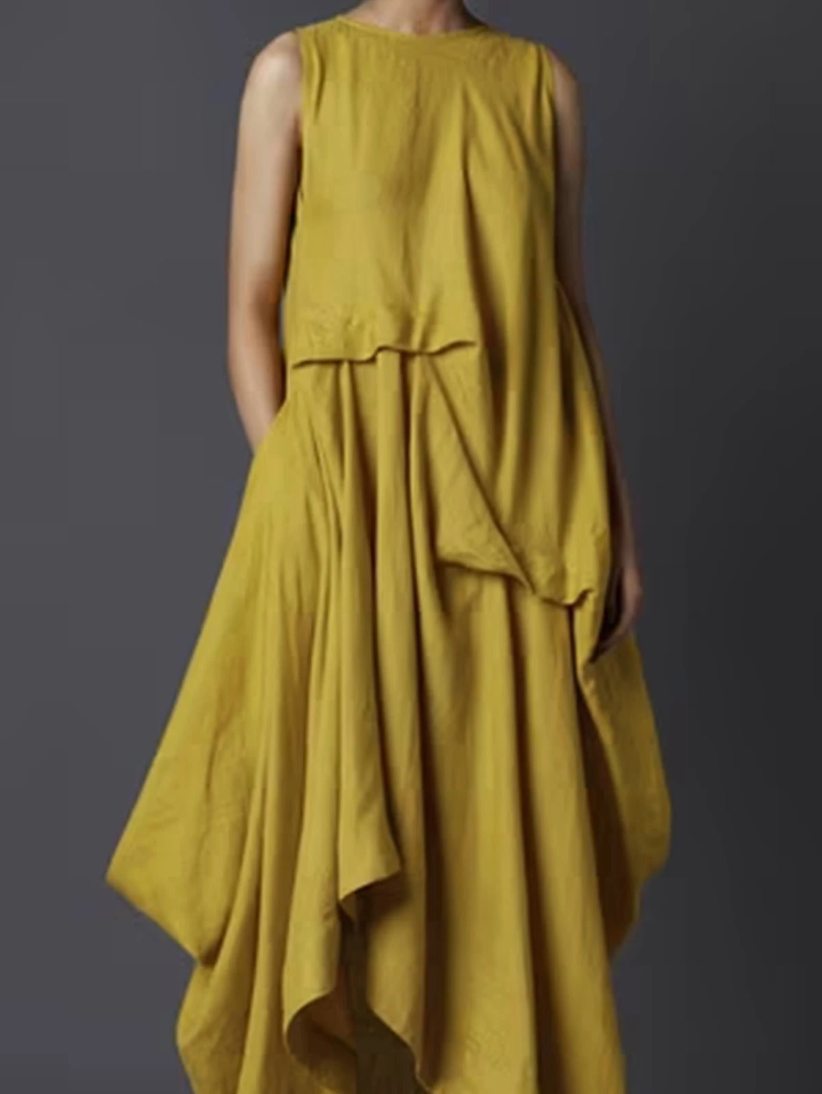 Maxy Summer Pockets Dress Women Crew Neck with Back Button Irregular Maxi Dresses Female Elegant Fashion Casual Loose Tank Dress