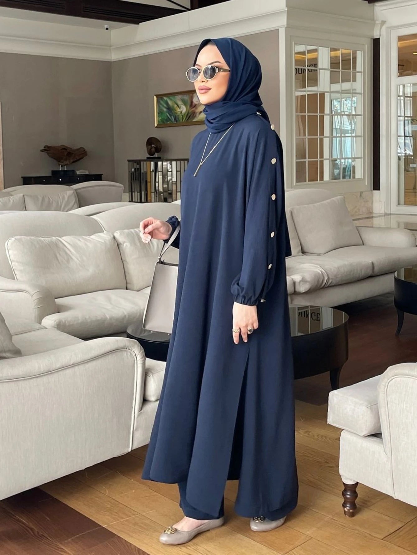 Maxy Muslim Dress for Women Blouse 2 Piece Set Long Sleeve Abaya Shirt Wide Leg Pant Suits Arabic Dubai Dresses Musulman Ensembles