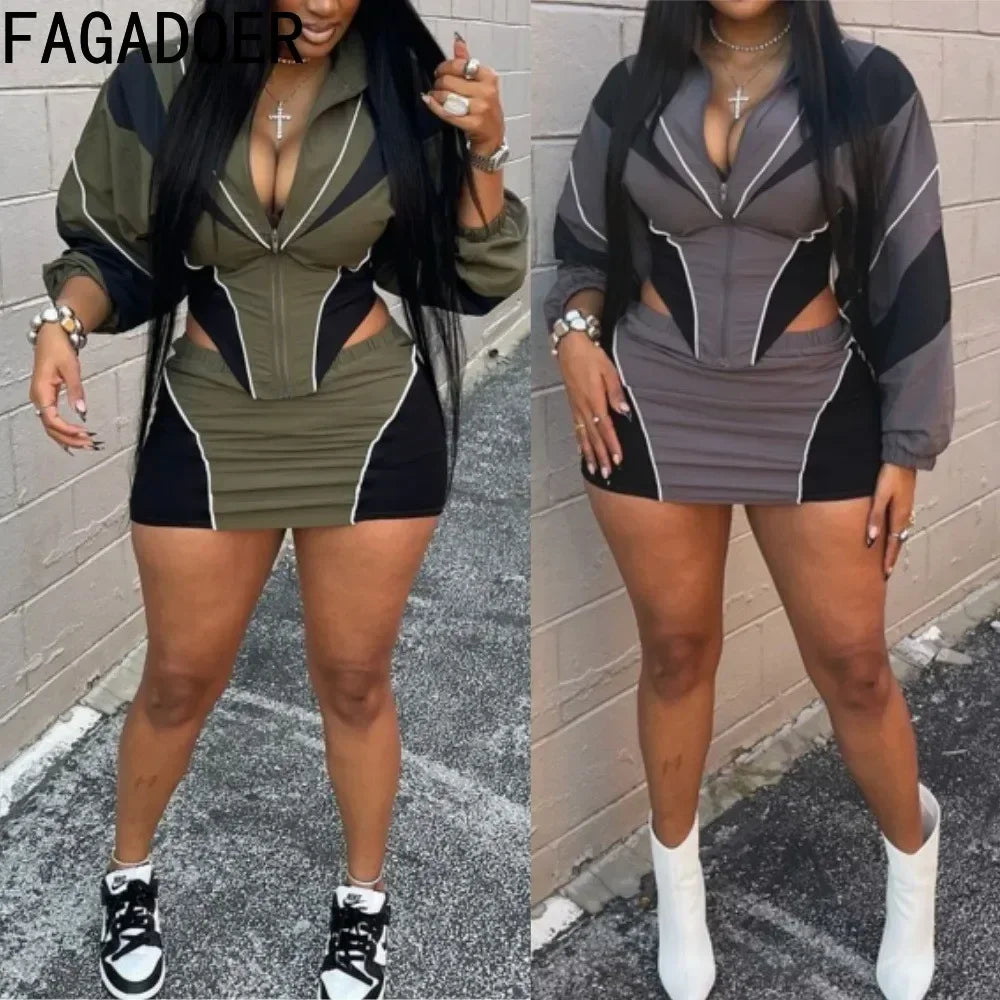 Maxy FAGADOER Color Block Two Piece Set For Women Casual Zip Lantern Sleeve Irregular Crop Jacket + High Waist Skirts Suit Streetwear