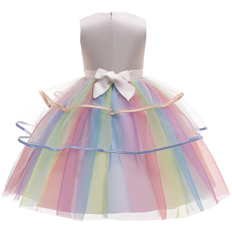 Maxy Children's Unicorn Princess Dress For Birthday Girls Party Dresses Elegant Rainbow Evening Dress Festive Performance Costume