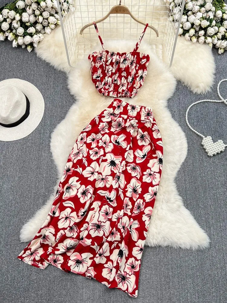 Maxy Summer Floral Print Two Pieces Set Women Fashion Elegant Casual Fold Sleeveless Tops And Long Skirt Sexy Slim 2 Piece Sets
