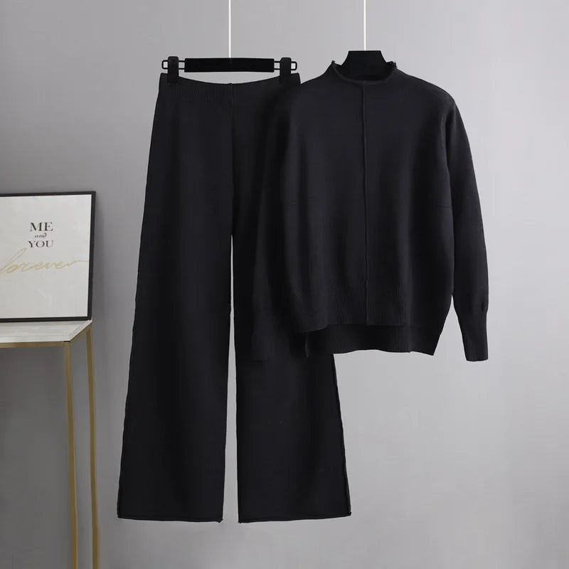 Maxy Winter Sweater for Women Tracksuit Half High Collar Knit Solid Color 2 Piece Set Knitted Pullover Sweater Elastic Trousers Suits