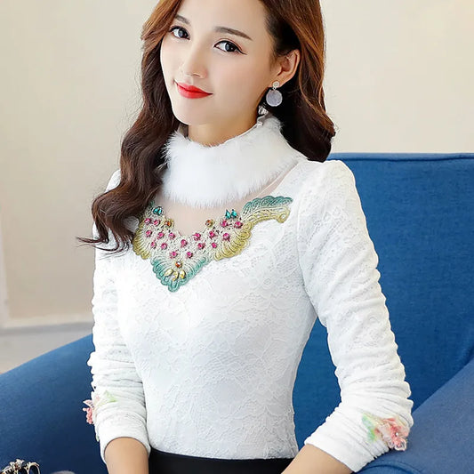 Maxy Winter Women Warm Embroidered Diamond Shirt Female Plus Velvet Thick Lace Bottomed Blouse Rabbit Fur Collar Hollow Tops