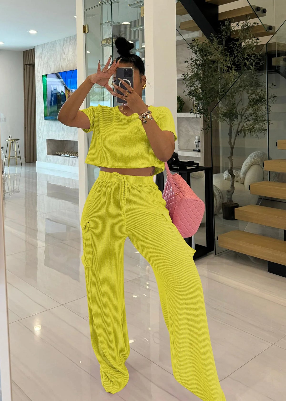 Maxy Casual Women's Suit Summer Short-Sleeved Crewneck Top And Wide-Leg Pant Outfits Solid Color Ladies Two-Piece Set