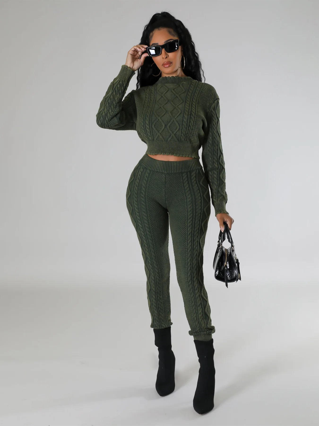 Women Tracksuit 2 Piece Outfits Winter Long Sleeve Stretch Knitted Crop Top And Pants Set Casual Two Piece Set Women Sweater Set