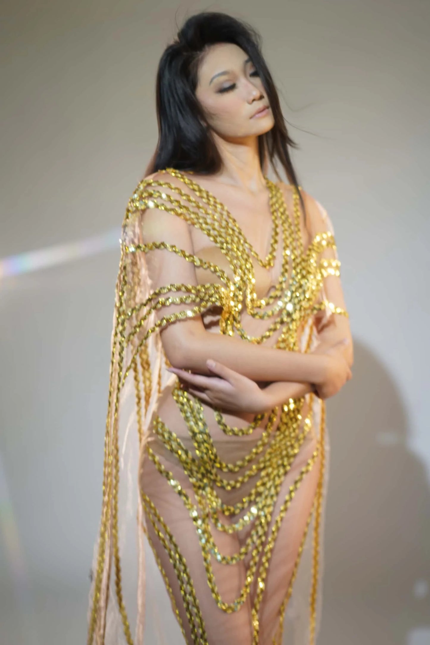 Maxy Sparkly Gold Sequins Mesh Celebrate Evening Prom Gown Long Dress Birthday Outfit Singer Stage Wear Show Costume Fengshui
