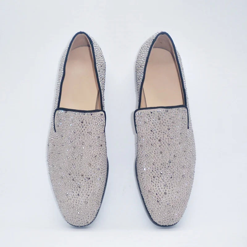 Visco Silver Rhinestone Loafers For Men Luxury Fashion Mens Leather Dress Shoes Handmade Slip On Casual Shoes